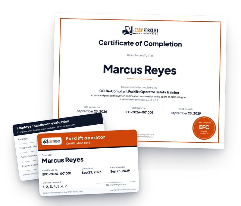 Sample certificate of completion and forklift operator wallet card.