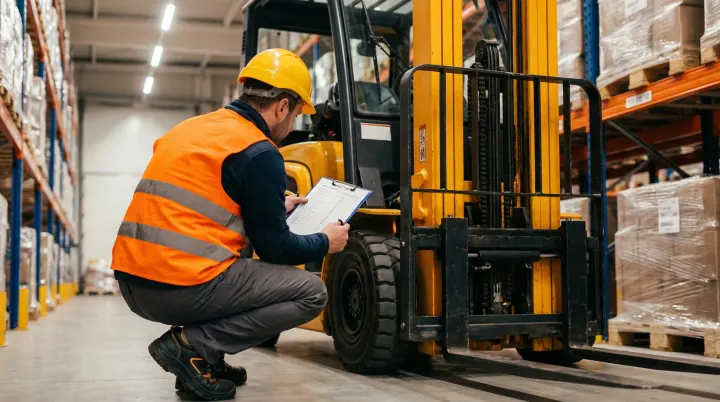 Experienced forklift operator in a hard hat and safety vest checking a forklift against an inspection checklist