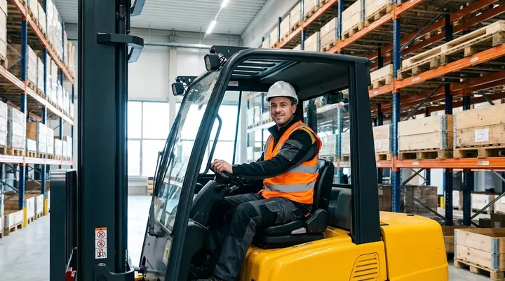 Smiling forklift operator in a hard hat and safety vest at the wheel in a warehouse