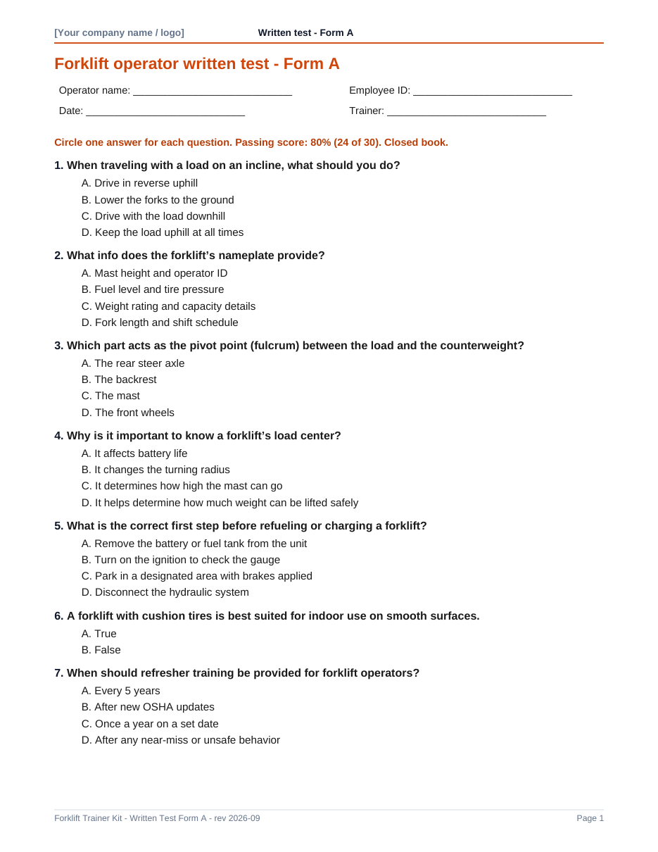 First page of written test Form A, with operator name, date and trainer fields and multiple-choice questions