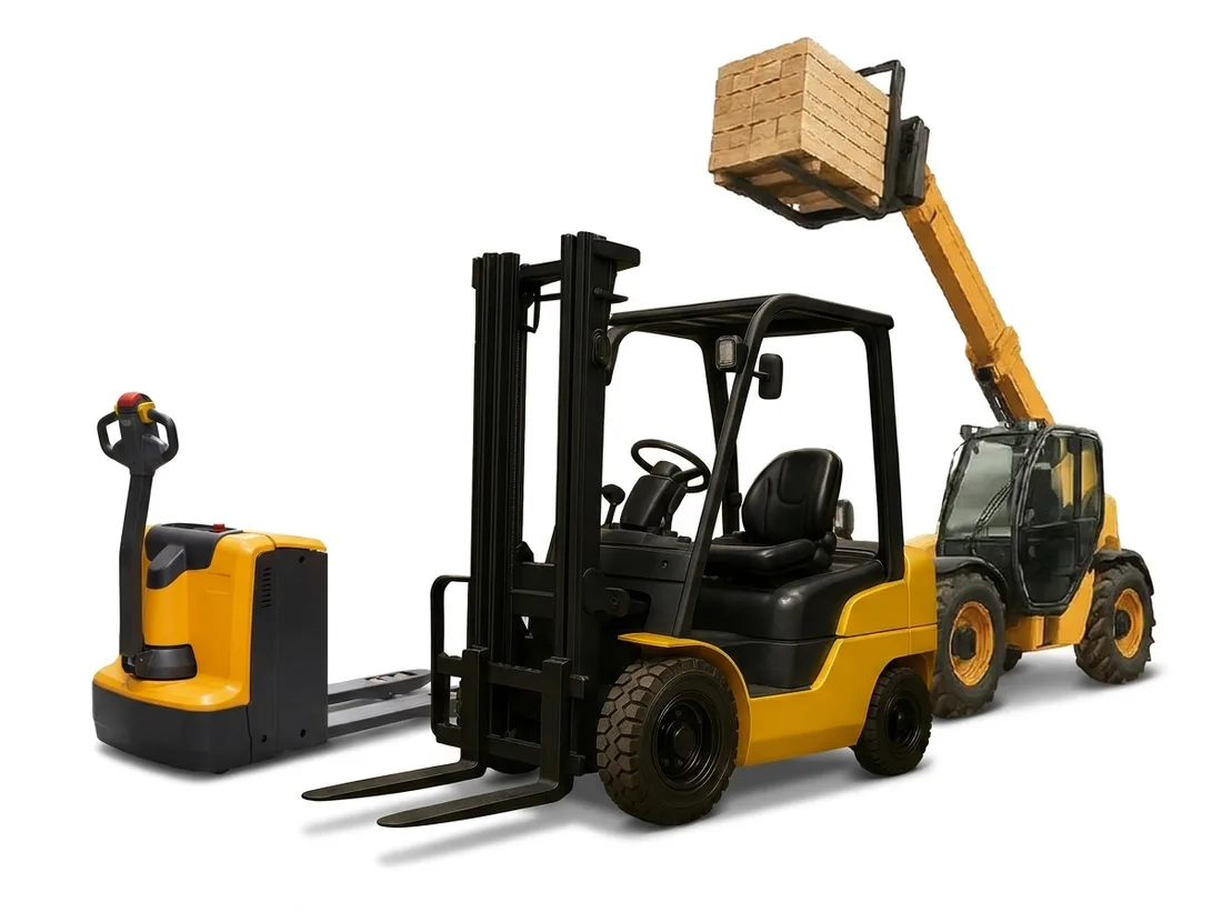 A sit-down forklift, an electric pallet jack, and a telehandler lifting a pallet of lumber